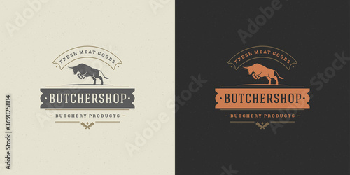 Steak house logo vector illustration jumping bull silhouette good for farm or restaurant badge