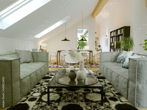 Foto modern luxury cosy bright attic loft apartment - 3d rendering