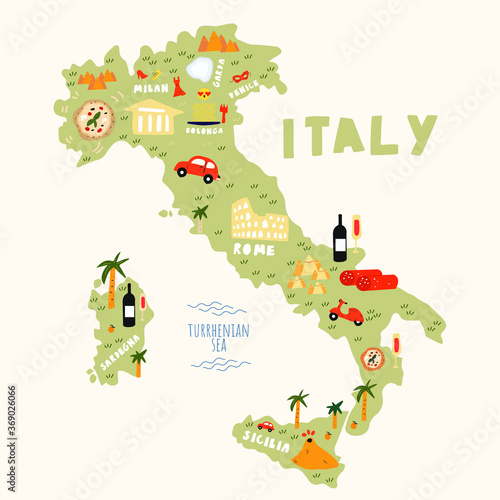 map of italy in hand drawn colorful style.illustrated map of italy vector illustration eps 10