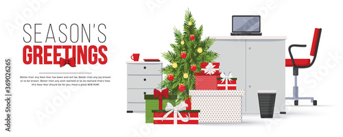 Seasons greeting happy new year card. Christmas tree and gift boxes in modern office interior with designer desktop, laptop, chair in flat design. Vector illustration. Working place in office interior © Sopelkin
