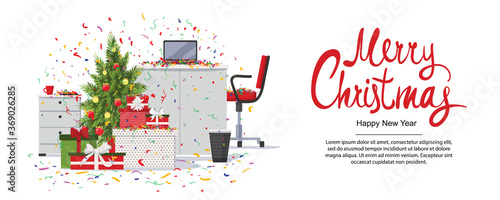 Merry Christmas and Happy New Year 2017 card. Christmas tree, confetti and gift boxes in modern office interior with designer desktop, laptop, chair in flat design. Vector illustration. Working place