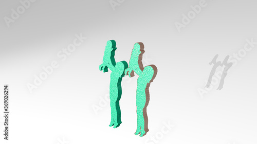 mother holding toddler from a perspective on the wall. A thick sculpture made of metallic materials of 3D rendering. child and family
