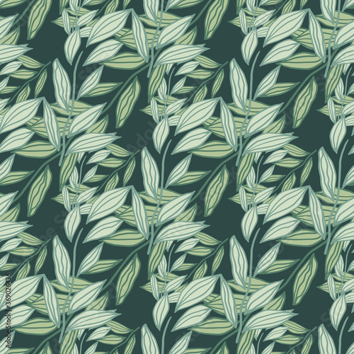 Green tones seamless doodle pattern with outline leaves ornament. Stylized botanic print. © smth.design