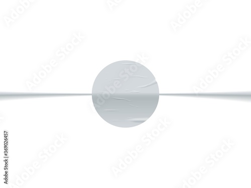 Glued round silver sticker on white envelop. Vector realistic blank paper wrinkled effect circle adhesive curled paper chrome label. Mockup letter, mail decoration design. Rounded shape template.