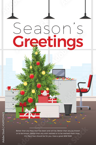 Modern office interior Happy New year and Christmas party holidays corporate celebrations. Designer desktop, laptop, chair in flat design. Vector illustration. Working place in modern office interior