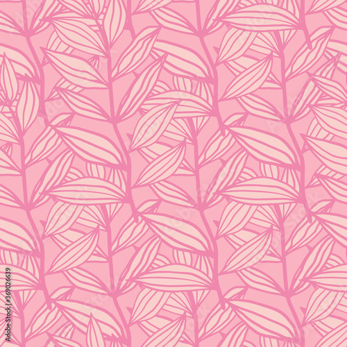 Doodle seamless pattern with hand drawn outline leaves. Foliage in white color with pink contour.