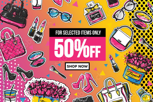 Fashion Sale and special offer 50% banner for online shopping. Vector illustrations for website and mobile, poster, email and newsletter design, ad, promotional material. Geometric colorful background