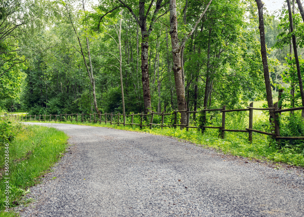 Obraz premium landscape with a simple country road and a wooden fence along the edge, summer