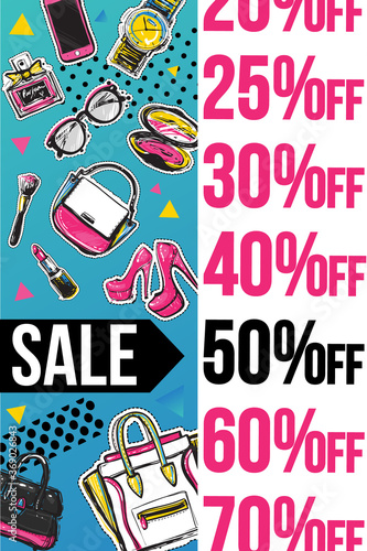 Fashion Sale and special offer banner concept for online shopping. 50% off. Vector fashion illustration for website and mobile, poster, email and newsletter designs, ads, promotional material.