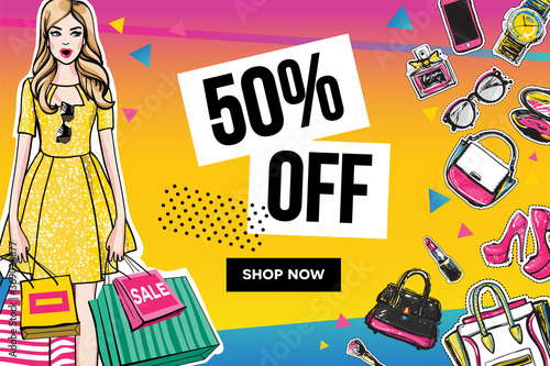 .Fashion Sale and special offer concept card for online shopping. 50% off. Vector illustration of model, makeup accessories for website and mobile, poster, email and banner designs ads promo material.