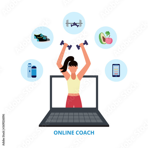 Online coach banner - female personal fitness trainer coming out of laptop