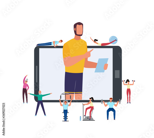 Online personal fitness coach banner template flat vector illustration isolated.