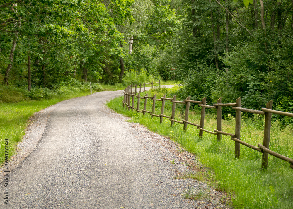 landscape with a simple country road and a wooden fence along the edge, summer landscape with a simple country road and a wooden fence along the edge, summer