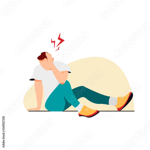 A man holding a sore head. Head trauma during sports. Ear pain, dizziness, stroke, migraine.