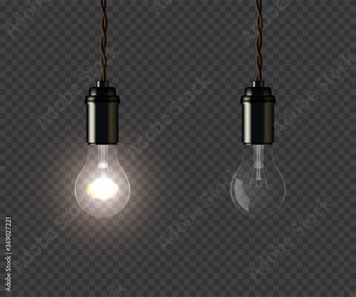 Vintage glowing and extinguished lamps holding on wire on dark transparent background. Vector isolated design element.