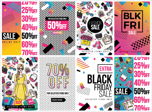 Fashion Sale and special offer concept card for online shopping. Vector illustration of fashion model, makeup accessories for website and mobile, poster, email and banner designs, ads, promo material