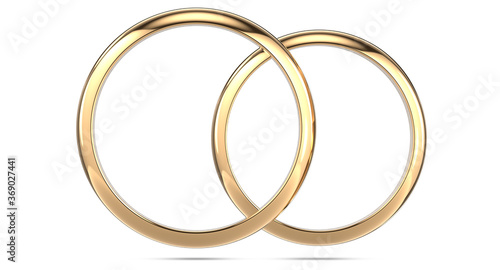 3d rendering illustration of two wedding rings isolated on white background. Top view of a pair of gold rings