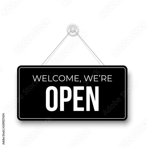 Closed signboard hanged on wall. Black rectangular shape clipboard for retail, shop, store, cafe, bar, restaurant. Announcement template with opportunity to visit. Object isolated on white background.