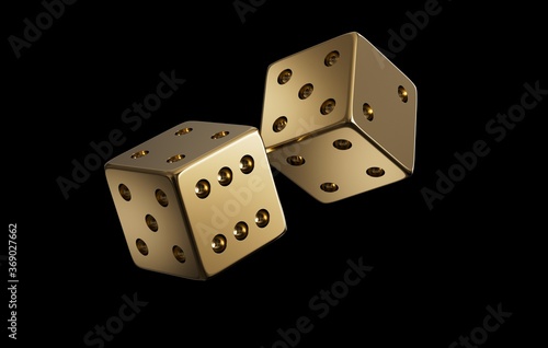 Dices made of gold are flying in the air on a black background. Luxury item. Realistic 3D rendering. CGI Illustration