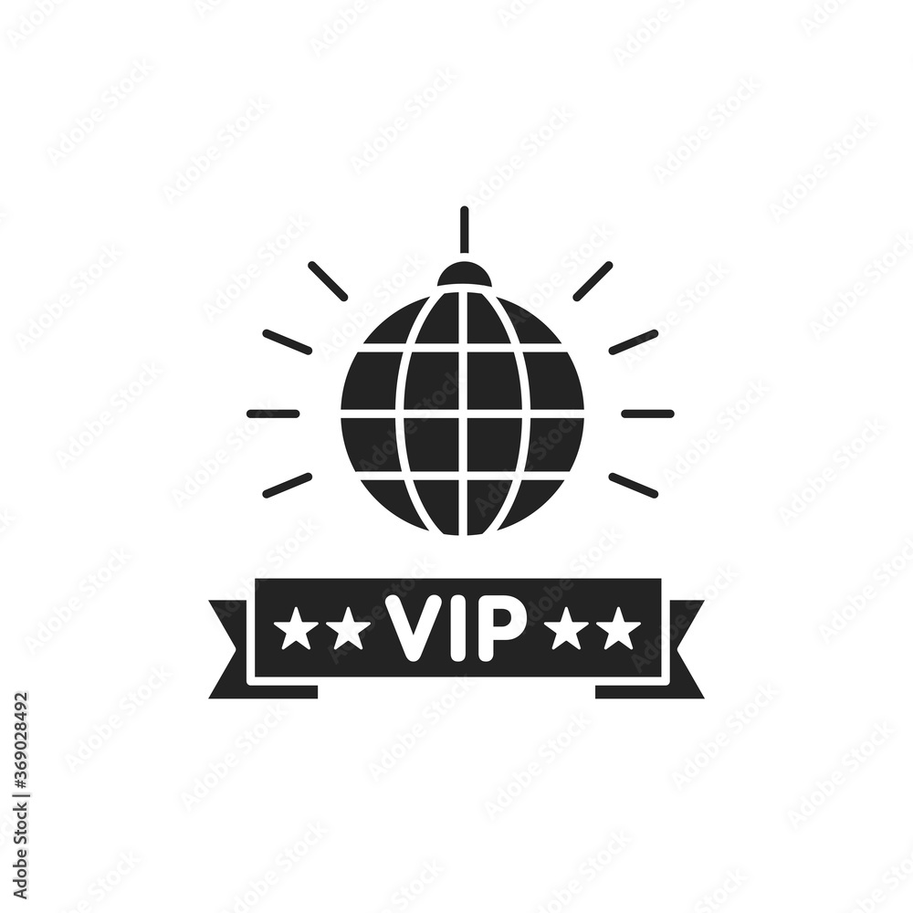 Vip party glyph black icon. Exclusive event. Red ribbon and disco ball. Sign for web page, mobile app, button, logo. Vector isolated button. Vip party glyph black icon. Exclusive event. Red ribbon and disco ball. Sign for web page, mobile app, button, logo. Vector isolated button.