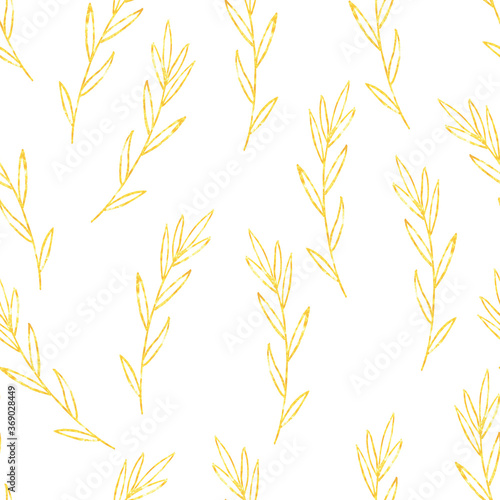 Pattern with golden twigs, leaves on a white background. Print for printing. Texture for clothing. Watercolor.