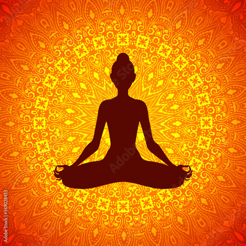 Meditating woman in lotus pose on mandala background. Yoga illustration.
