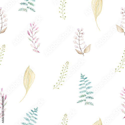 Autumn branches, leaves. Watercolor pattern on a white background. Texture for fabric.