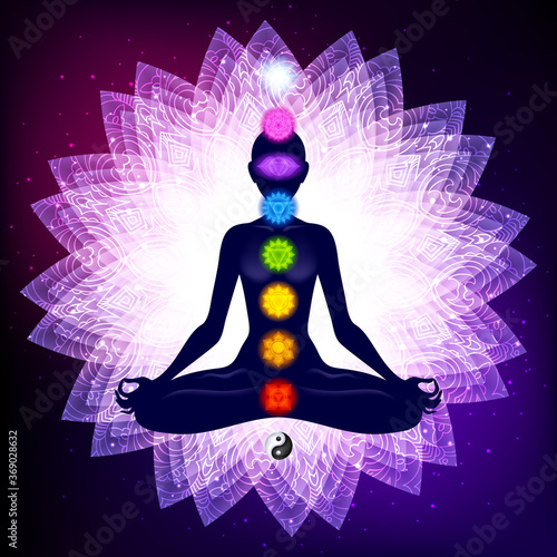 Meditating woman in lotus pose. Yoga illustration.