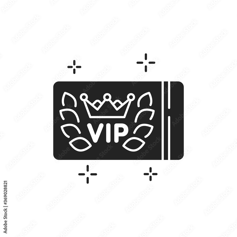 VIP card glyph black icon. Customer privilege web exclusive badge. White background with crown laurel wreath.