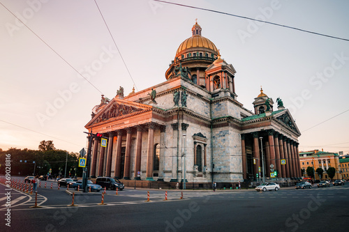 St Petersburg/ Russia - 27 July 2020:  Panoramic view of St. Isaac's Cathedral and highways. Evening streets, the urban life the concept of the Russian tourism