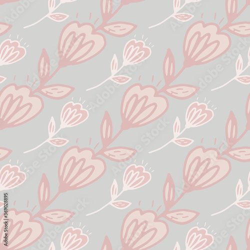 Pastel seamless pattern with pink flowers on blue background.