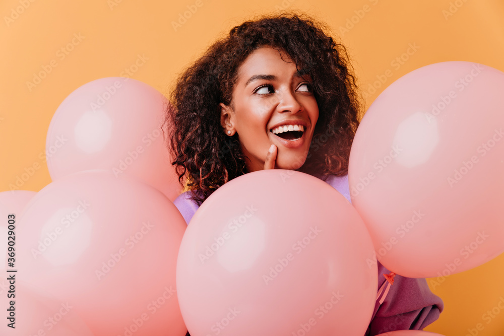 custom made wallpaper toronto digitalAmazing black female model with party balloons posing on orange background. Indoor photo of adorable brunette woman having fun during event.
