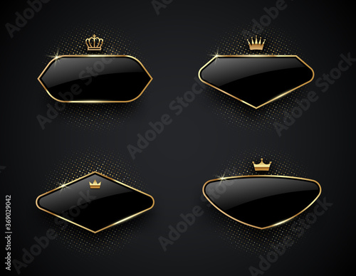 Luxury black glass labels with golden crown and frame on a black background. Premium design. Luxury template design. Vector illustration.