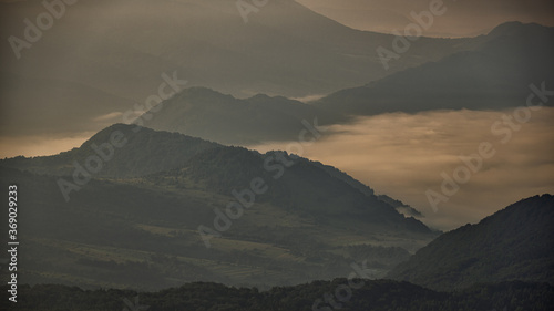 Superb mountain vista. Summer sunrise in the Carpathian Mountains. Bieszczady National Park. Poland.