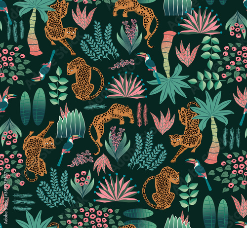 Vector illustration of seamless Exotic Jungle pattern. Design for banner, poster, card, invitation fabric and scrapbook