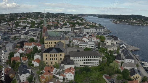 Arendal City In Aust Agder, Norway. Trinity Church And Garden Garden Near The Norwegian Coast In Arendal.  - aerial drone photo