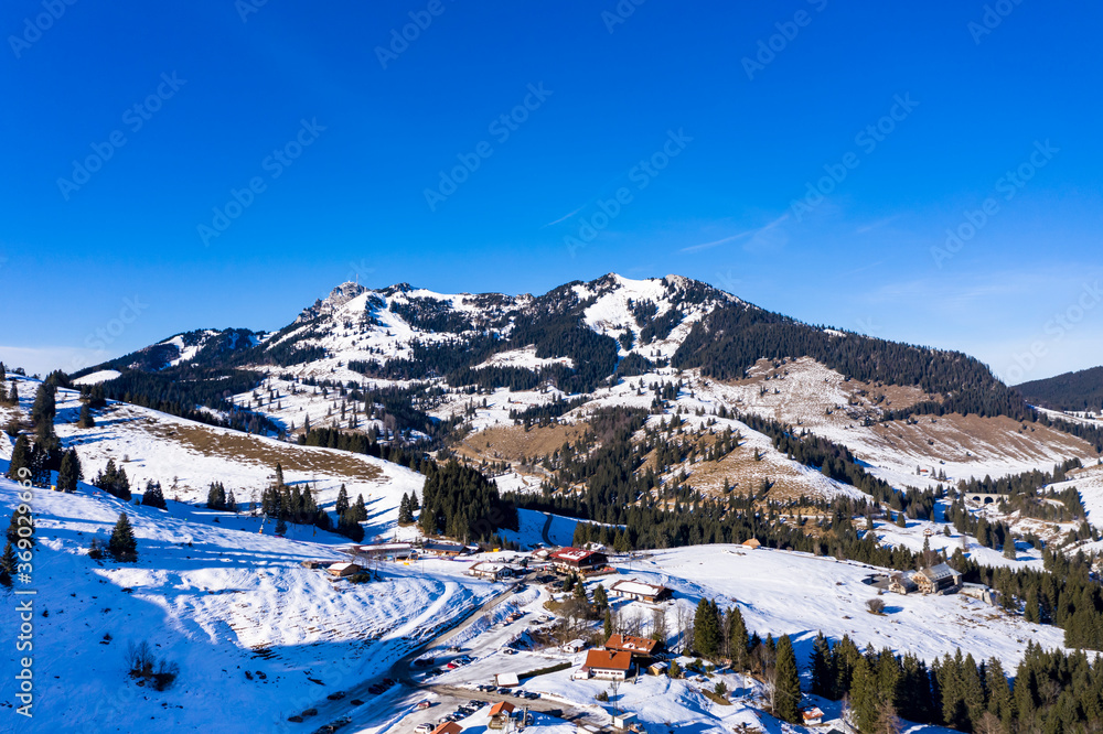 Germany, Mangfall Mountains, Upper Bavaria, Bayrischzell region, Oberaudorf, Sudelfeld, ski resort, aerial view