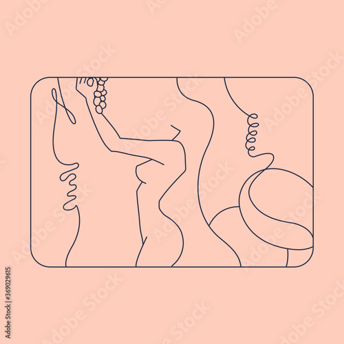 Girl when picking grapes. Vector line abstract illustration for printing
