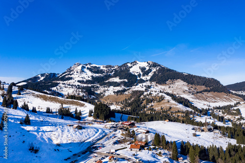 Germany, Mangfall Mountains, Upper Bavaria, Bayrischzell region, Oberaudorf, Sudelfeld, ski resort, aerial view