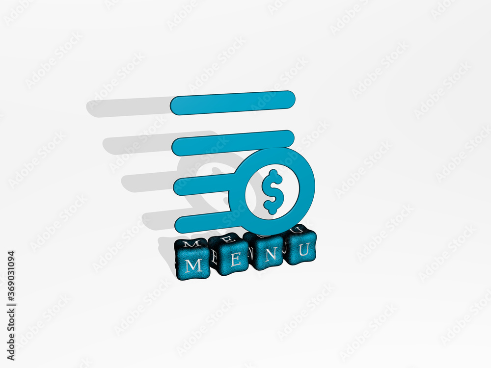 3D illustration of menu graphics and text made by metallic dice letters for the related meanings of the concept and presentations. background and design 3D illustration of menu graphics and text made by metallic dice letters for the related meanings of the concept and presentations. background and design