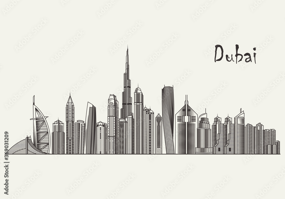 Dubai detailed skyline. Dubai in sketch style. Famous Dubai monuments. Vector illustration