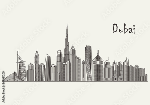 Dubai detailed skyline. Dubai in sketch style. Famous Dubai monuments. Vector illustration