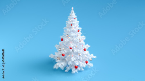 White decorated Christmas tree with sparkling illuminated Christmas lights on blue background. Merry Christmas and Happy New Year 3D illustration. Christmas tree winter holidays symbol. 3D rendering.
