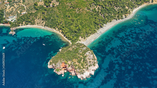 Aerial drone photo of beautiful turquoise sandy beaches of Stafilos and Velanio  Skopleos island  Sporades  Greece 