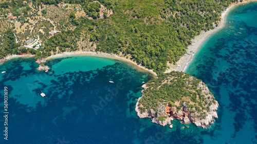 Aerial drone photo of beautiful turquoise sandy beaches of Stafilos and Velanio, Skopleos island, Sporades, Greece  © aerial-drone