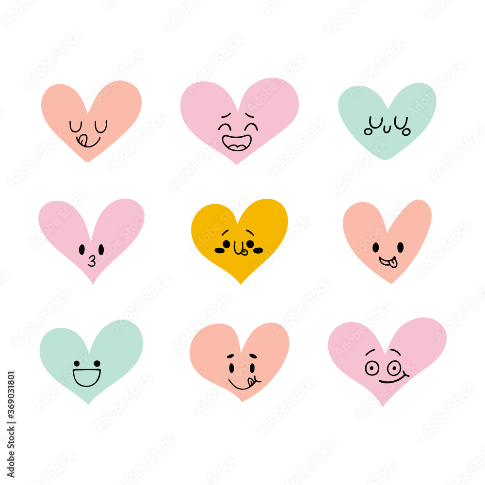 Funny happy hearts. Cute cartoon characters. Set of heart icons. Creative hand drawn hearts with different emotions