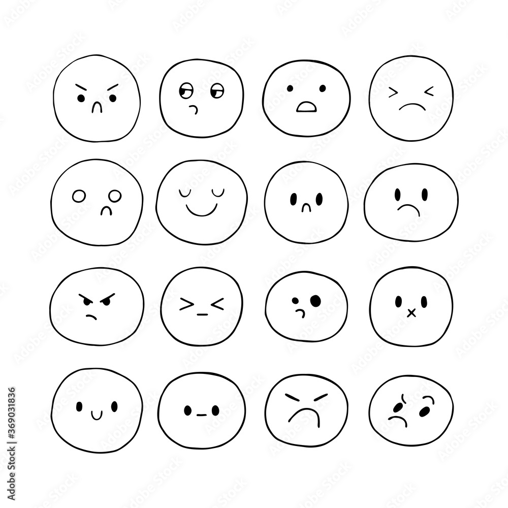 Happy hand drawn funny smiley faces. Sketched facial expressions set. Collection of cartoon emotional characters. Kawaii style. Emoji icons Happy hand drawn funny smiley faces. Sketched facial expressions set. Collection of cartoon emotional characters. Kawaii style. Emoji icons