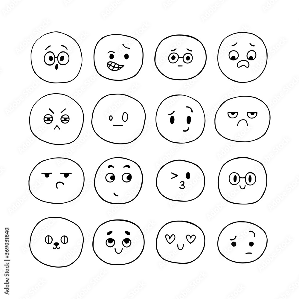 Happy hand drawn funny smiley faces. Sketched facial expressions set. Emoji icons. Collection of cartoon emotional characters. Kawaii style Happy hand drawn funny smiley faces. Sketched facial expressions set. Emoji icons. Collection of cartoon emotional characters. Kawaii style