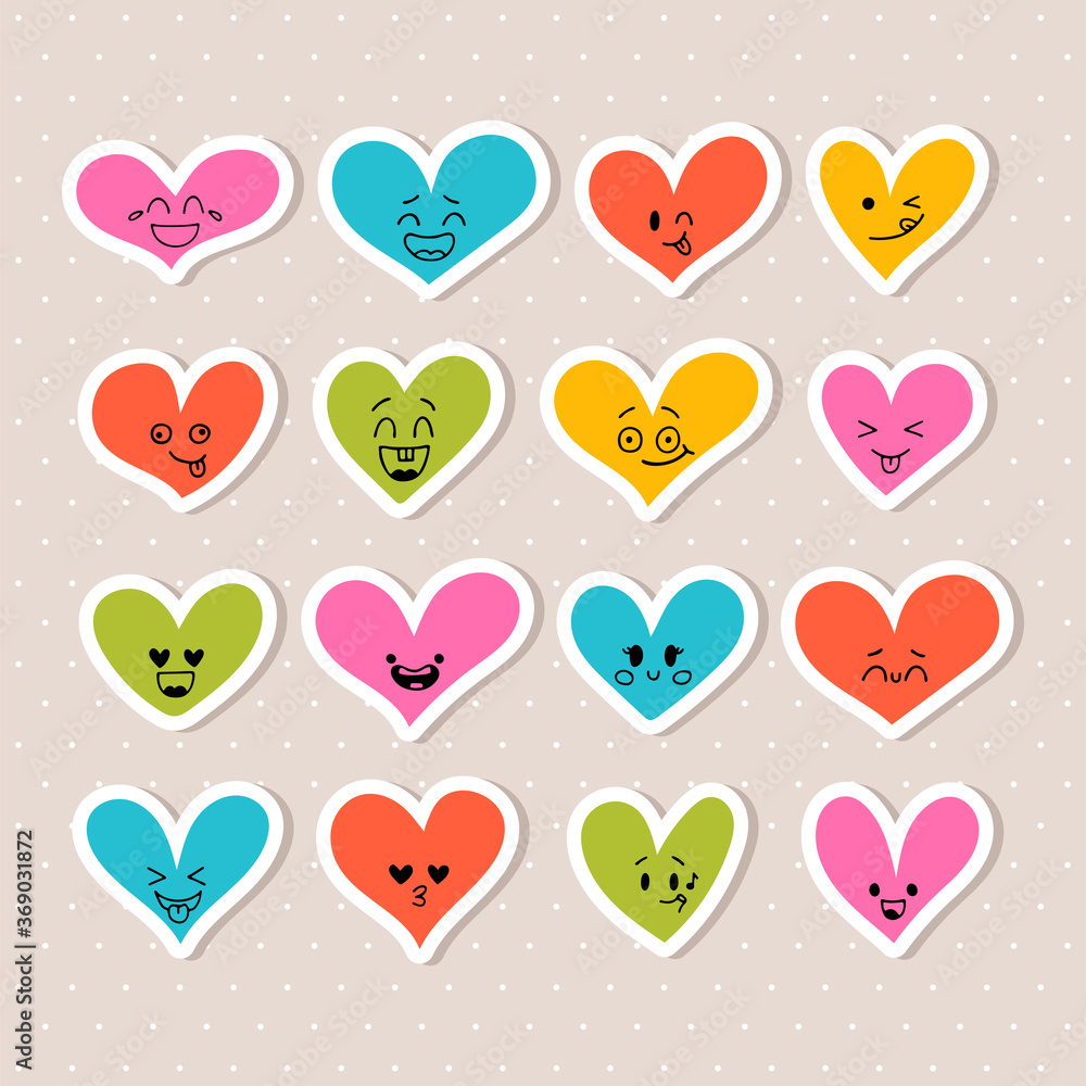 Happy sticker hearts. Cute cartoon characters. Bright set of heart icons. Creative hand drawn characters with different emotions