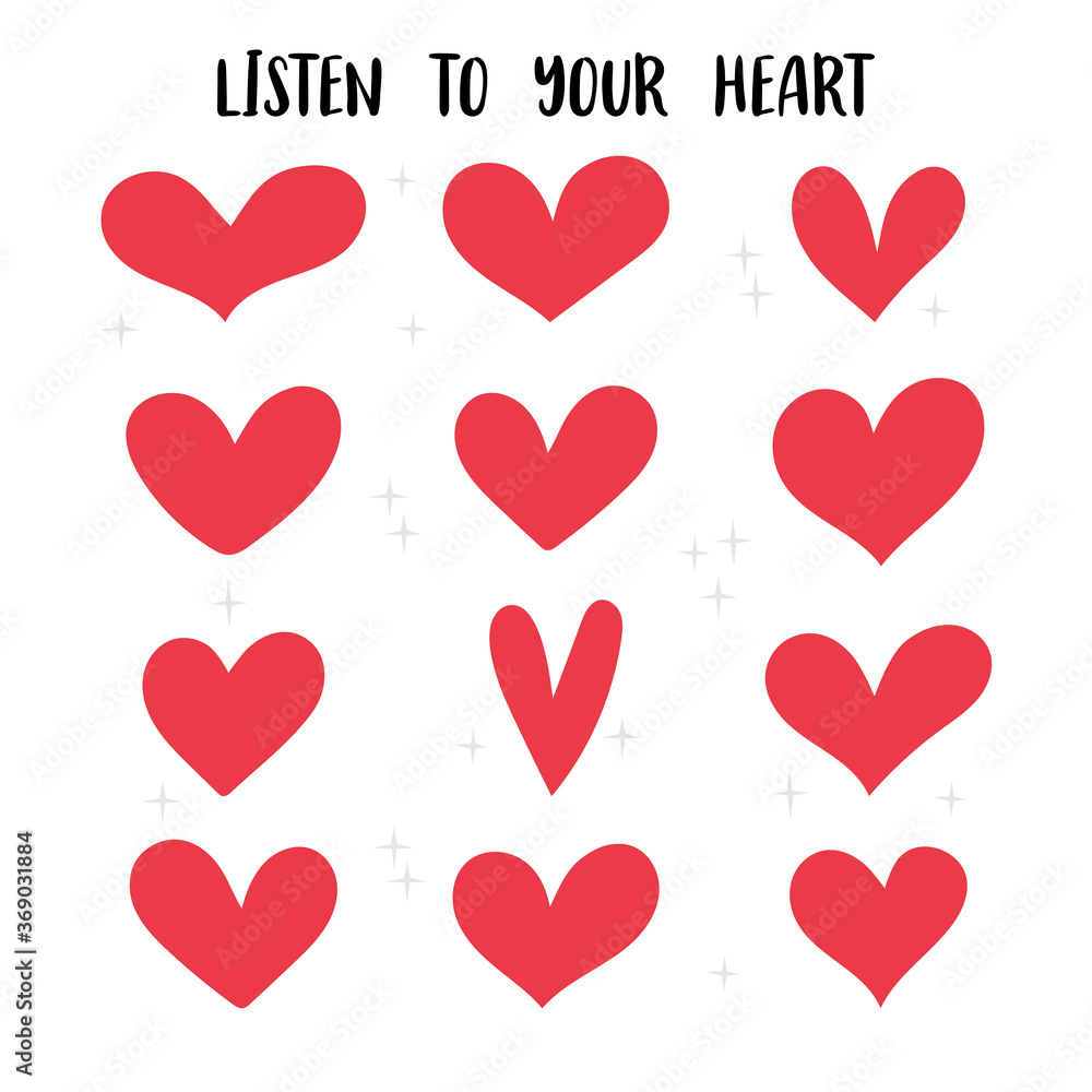 Set of hand drawn red heart icons. Love, wedding, Valentine day. For your romantic design